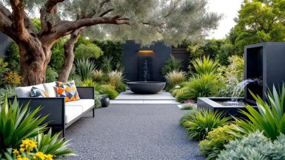 Modern Garden with Water Fountain