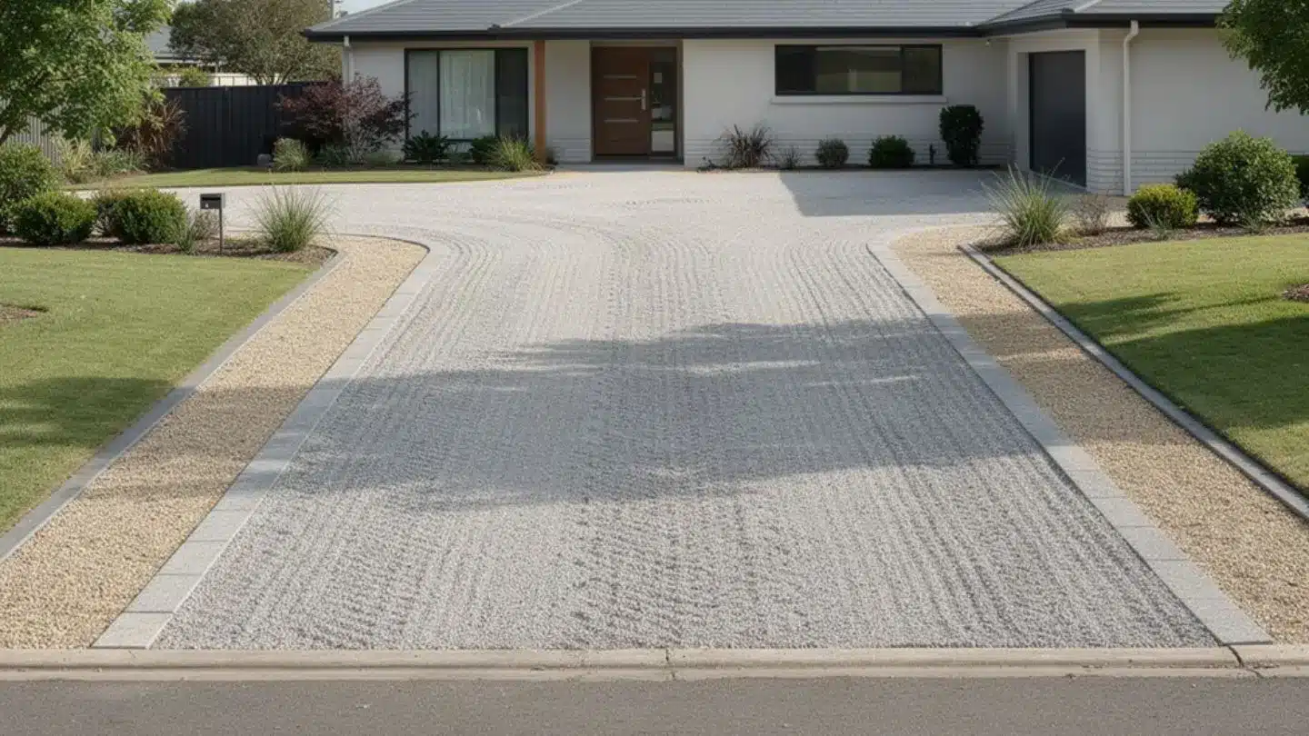 Modern Home With Gravel Driveway And Landscaped Front Yard 