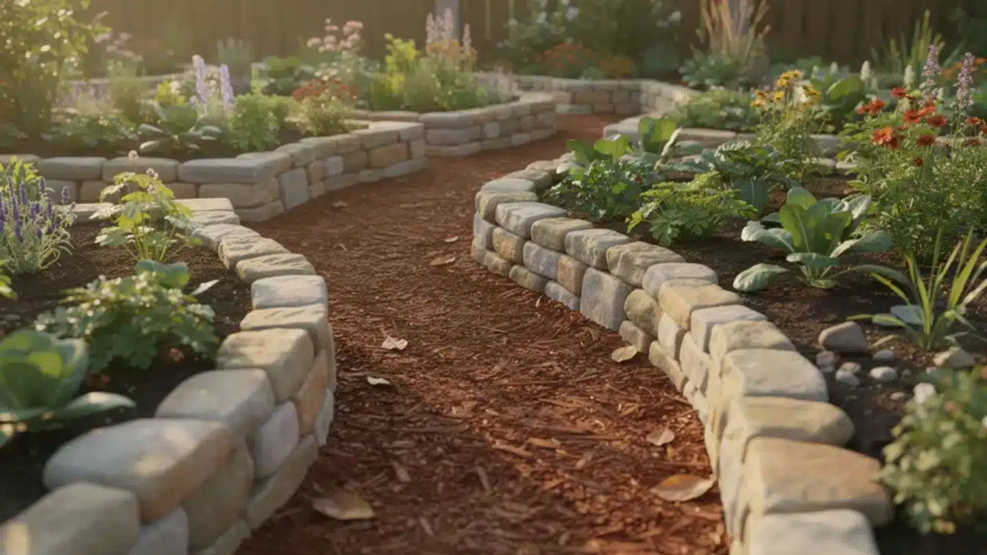 Raised Garden Beds With Mulch Path And Flowering Plants
