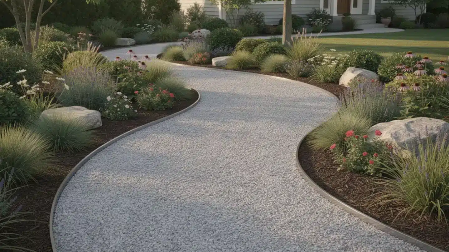 Curved Garden Path With Flowering Landscape Beds
