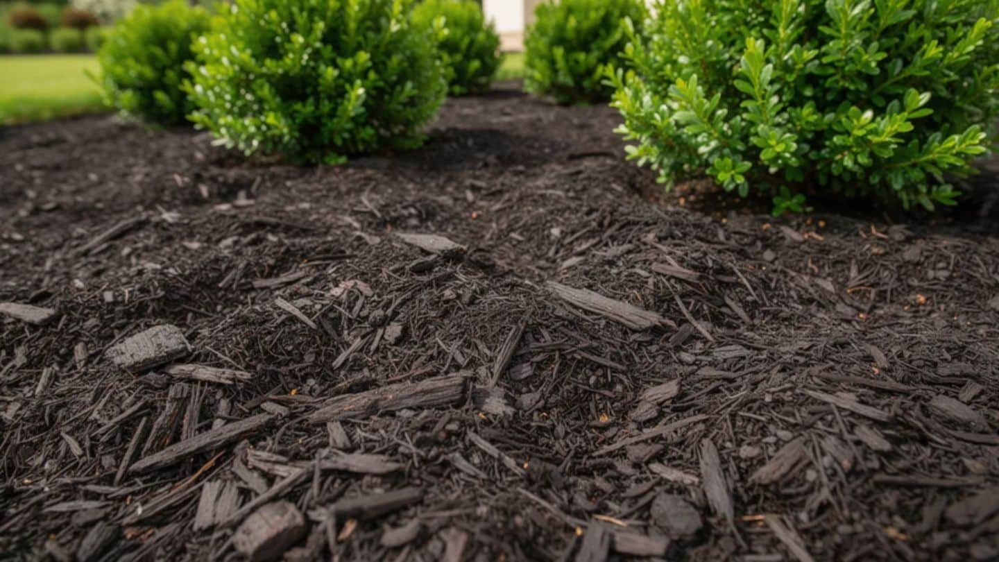Fresh Black Mulch Around Green Shrubs In Landscape Bed