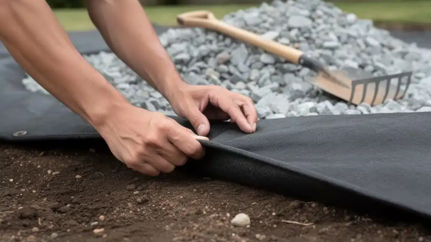 Person Installing Landscape Fabric Before Spreading Gravel Stones