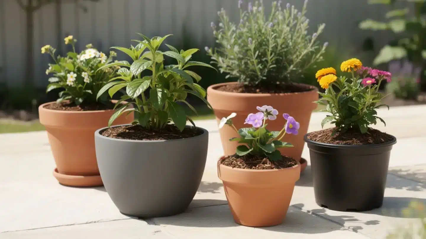 Potted Flowers And Herbs In Outdoor Patio Planters
