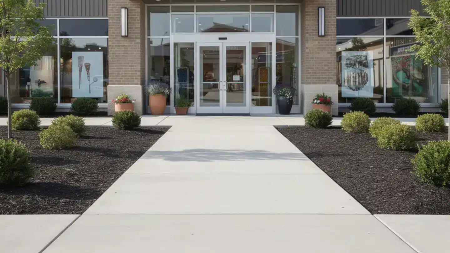 Storefront Entrance With Mulched Landscaping And Trimmed Shrubs
