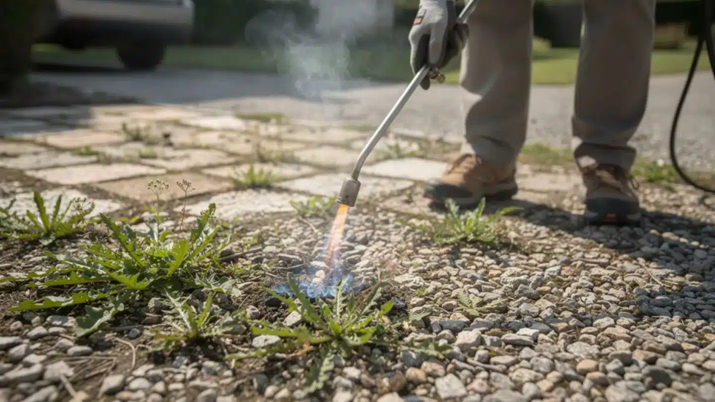 Worker Using Propane Torch To Remove Weeds From Gravel