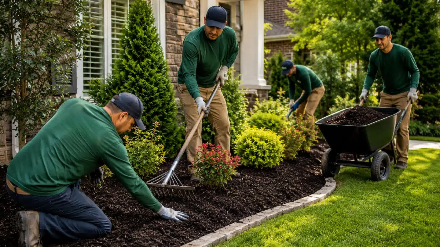 Landscape Crew Installing Fresh Mulch Around Garden Beds