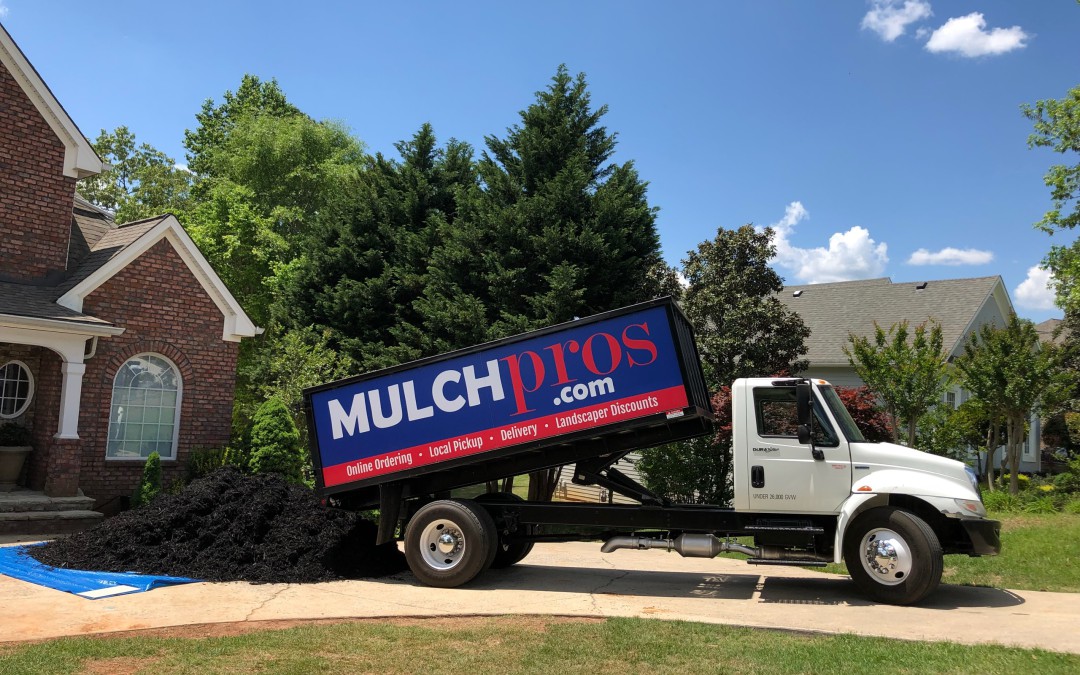 MulchPros single-axle dump truck tipping a load of black mulch in a driveway