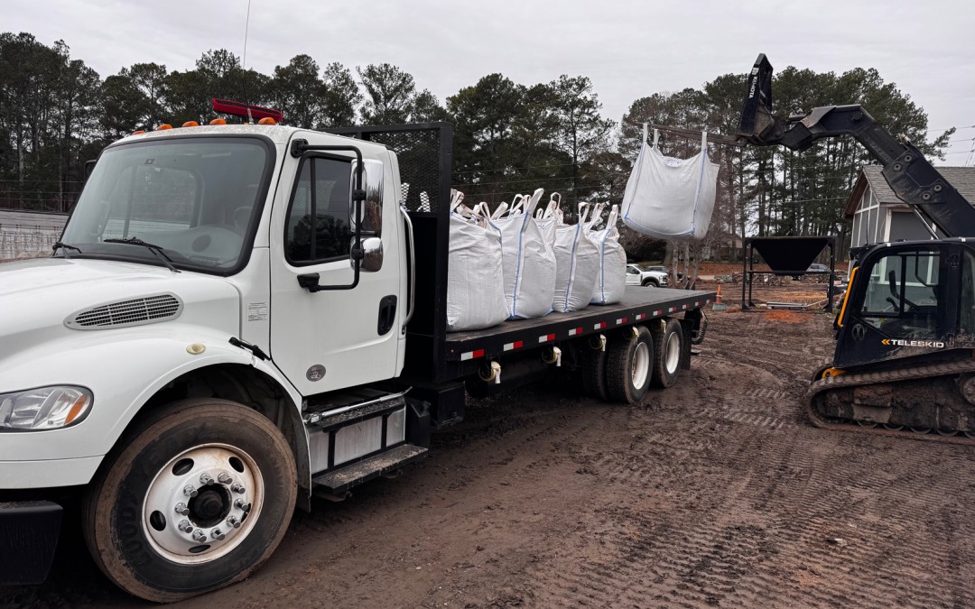 FIBC bulk bags loaded in rows on the MulchPros flatbed