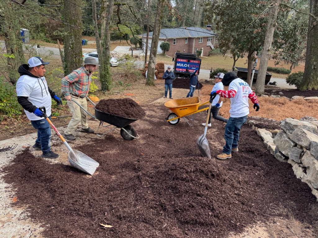 The crew shoveling a mulch pile with wheelbarrows, truck parked below.